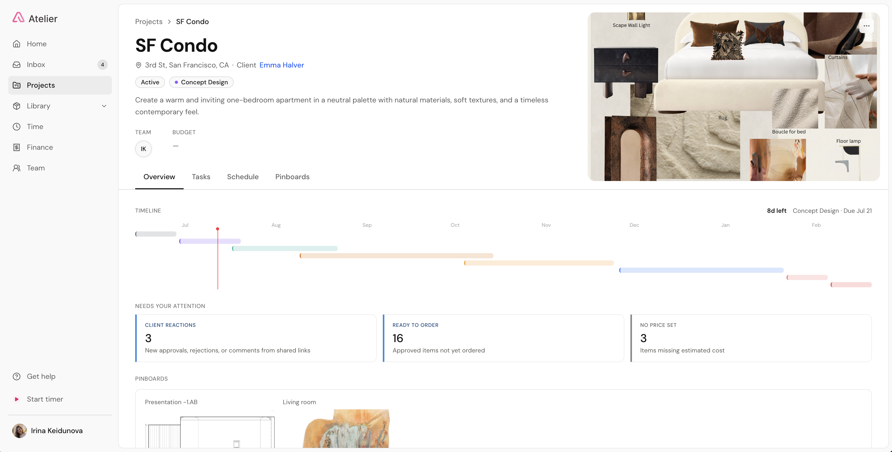 Atelier — a project overview with a timeline, priorities to action, and pinboards