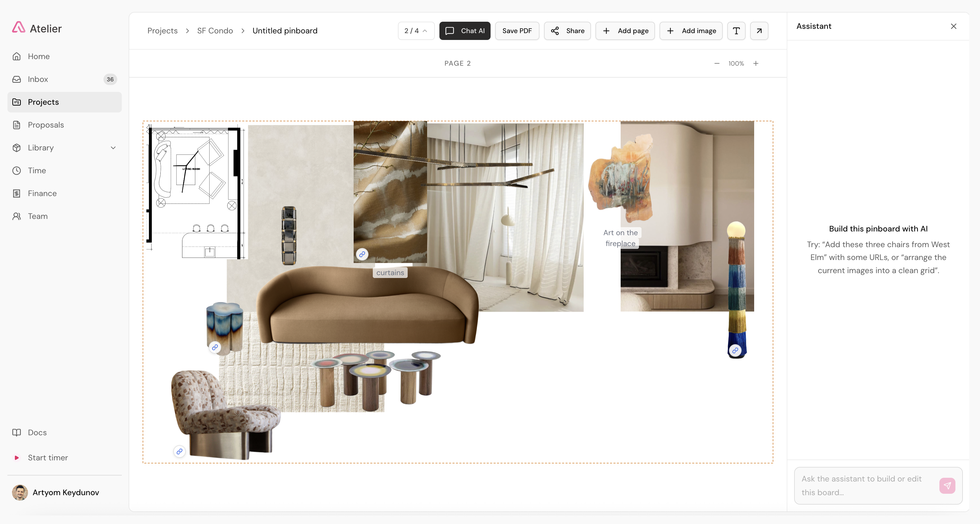 Atelier pinboard editor — a mood board being composed with the AI assistant