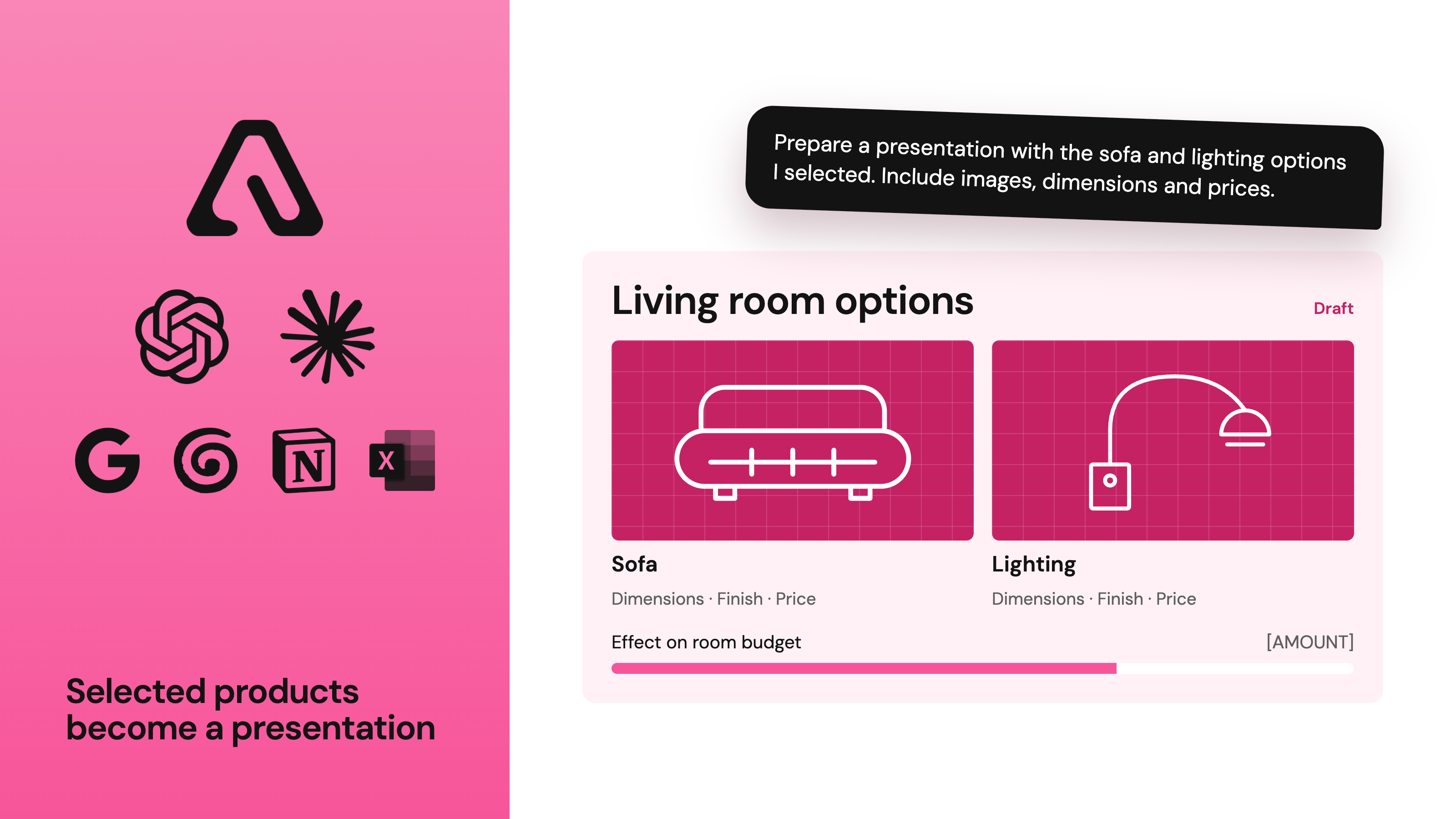 Illustrated draft client presentation with living room sofa and lighting options, product details and a room budget summary.
