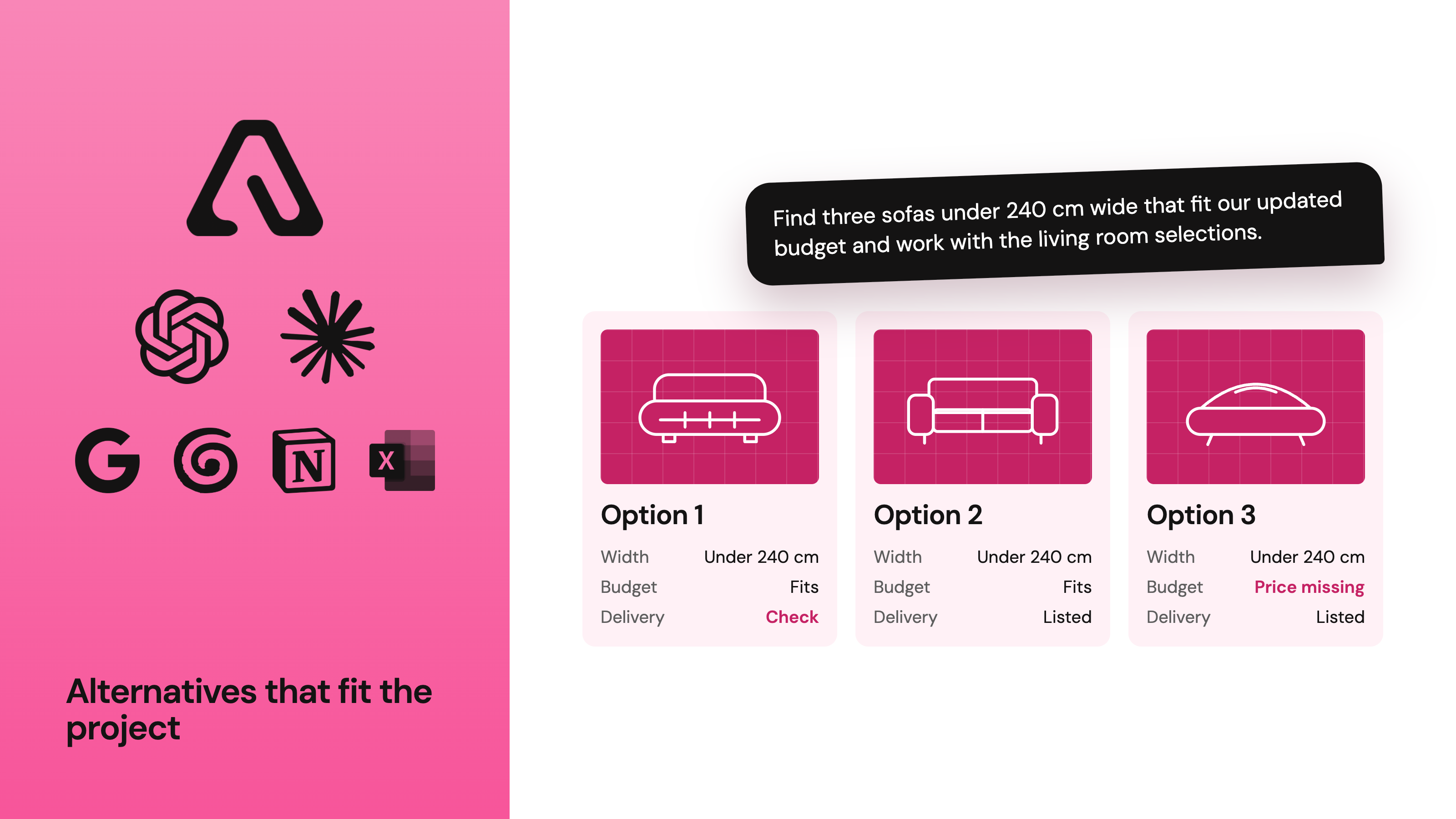 Illustrated comparison of three sofa alternatives under 240 cm wide, showing budget fit and missing price or delivery information.